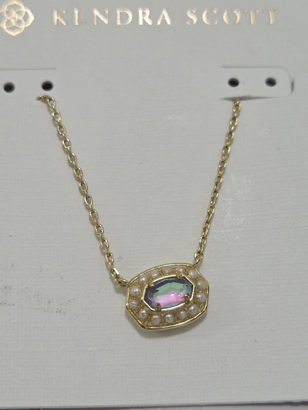 Kendra Scott Elisa Gold Tone Necklace Iridescent Crystal Faux Pearl Pendant Adju